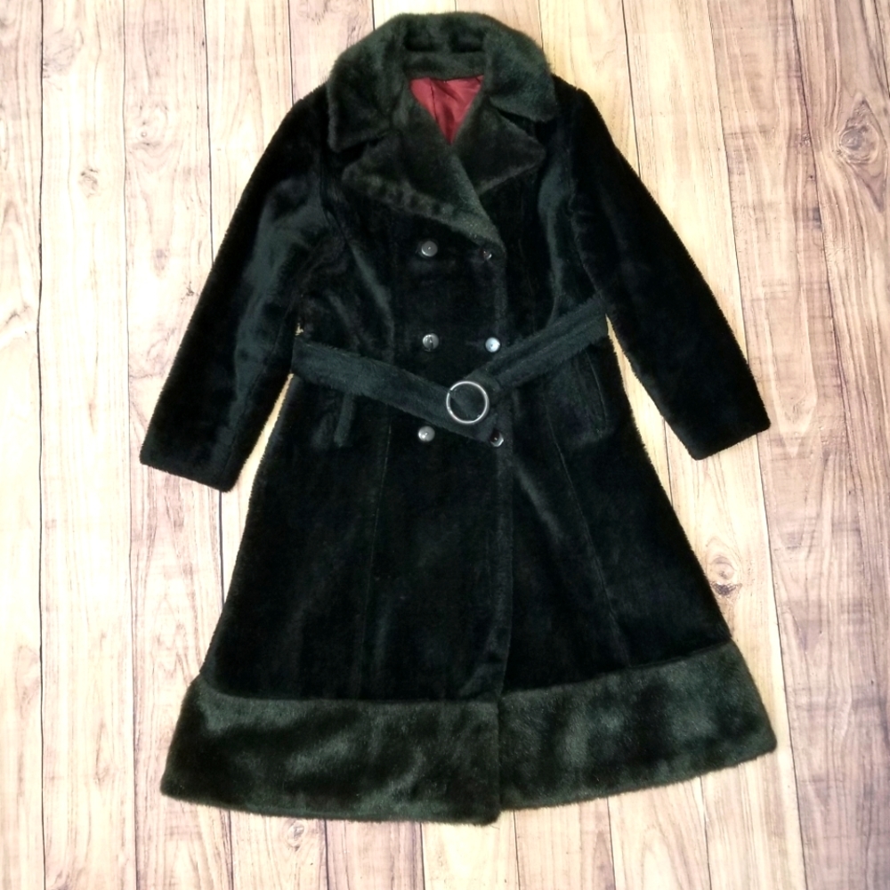 Lovely Black with Brown Trim Long Faux Fur Coat Size Medium